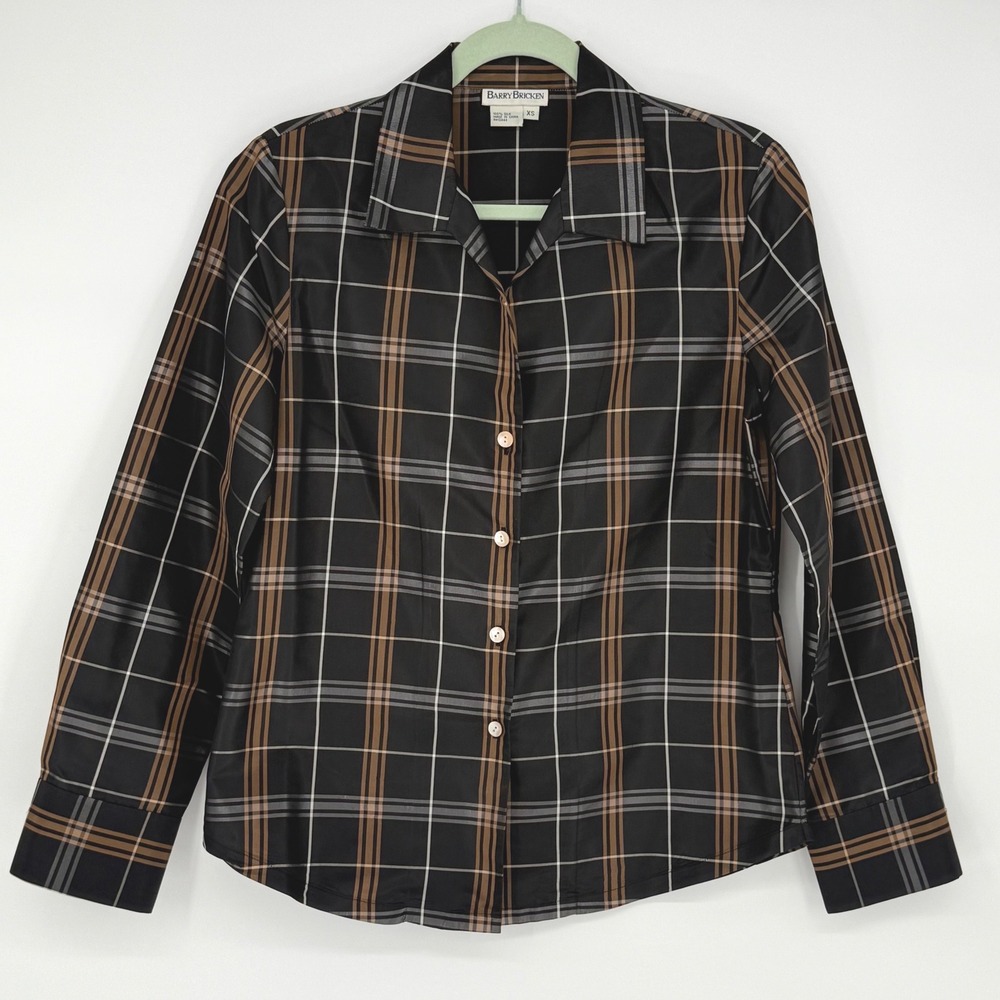 Barry Bricken Vintage Silk Black Brown‎ Plaid Button Down Preppy QuietLuxury
